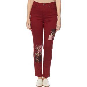 NEW! DG2 Diane Gilman Stretch Embroidered Patched Skinny Jeans, Wine